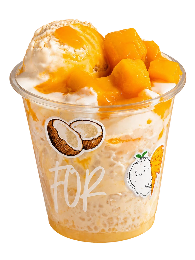 Mango and coconut iced dessert cup in a cooler, FOR Sunny Days