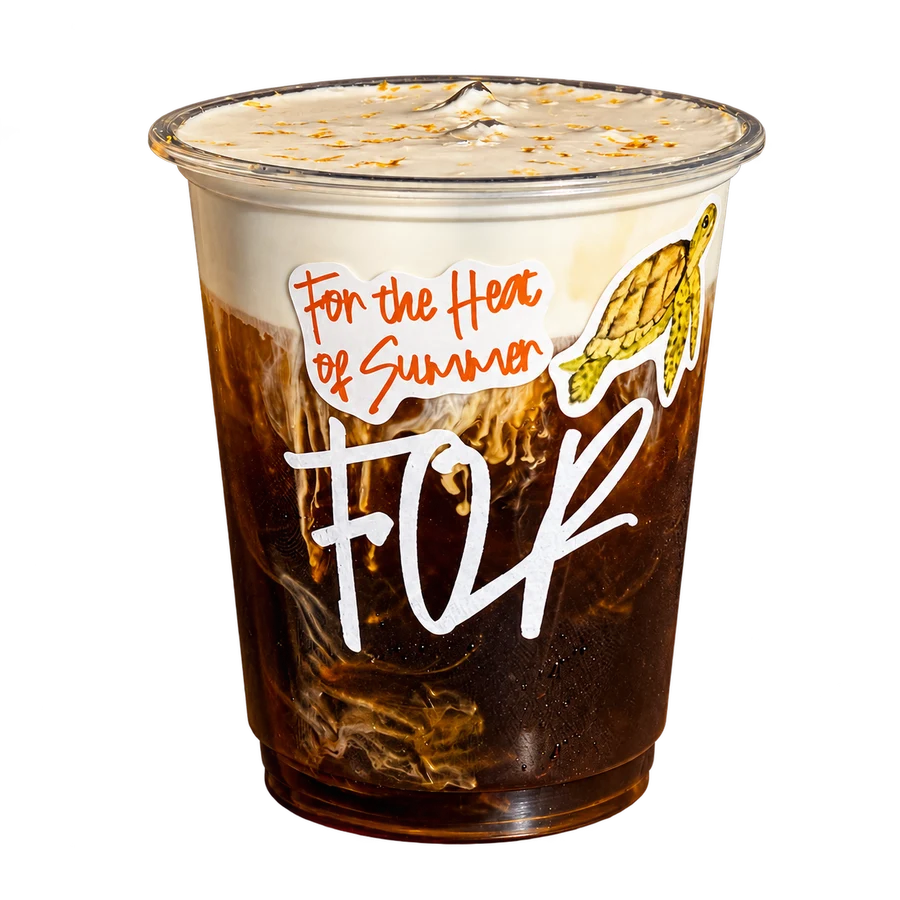 Iced coffee cup branded "FOR Sunny Days -- for the heat of summer"