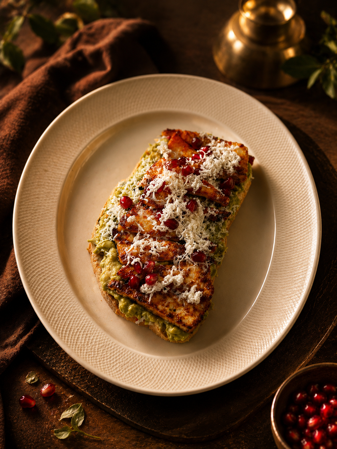 Grilled halloumi and avocado toast with pomegranate