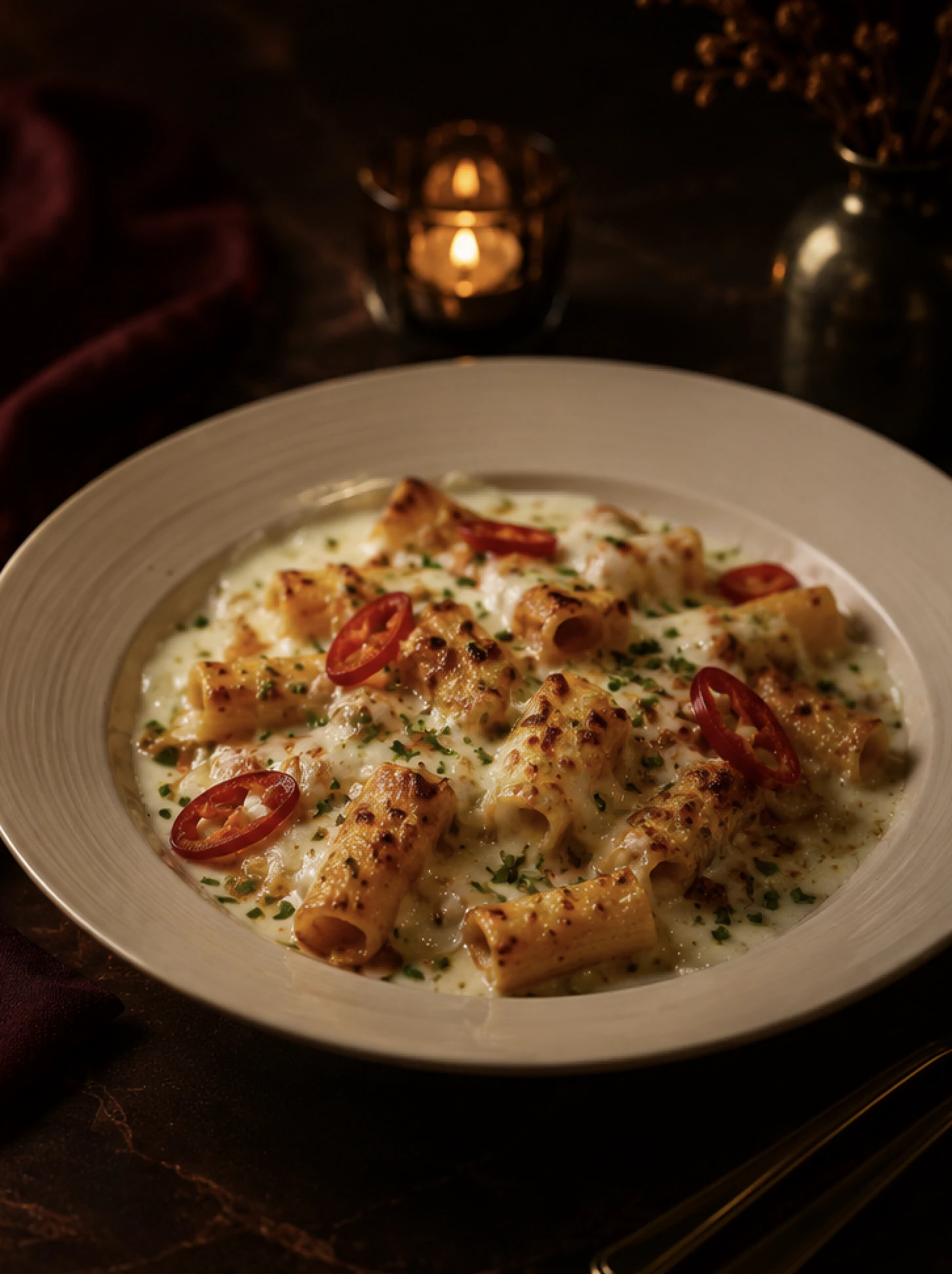 Creamy baked rigatoni with chili